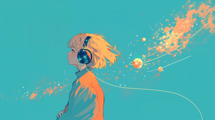 宇宙で音楽を聴く少女