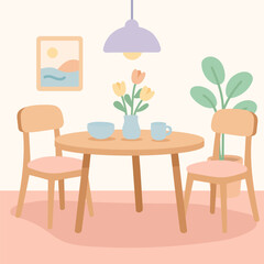 A cozy dining area features a round wooden table adorned with a vase of fresh flowers, surrounded by two simple chairs, and a soft, inviting atmosphere with warm colors.