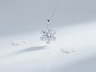 A brilliant snowflake pendant, adorned with numerous clear gemstones, hangs from a delicate silver chain. Its sparkling presence is enhanced by the clean, crisp white background.