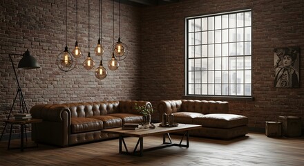 Industrial Chic Living Room Exposed Brick, Leather Sofa, and Edison Bulbs