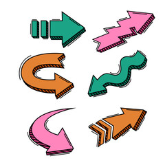 doodle set of hand draw style of abstract arrows for concept design element for comic book style. pop art style