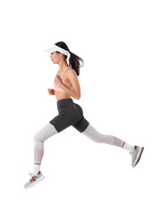 Beautiful young sporty woman running on white background