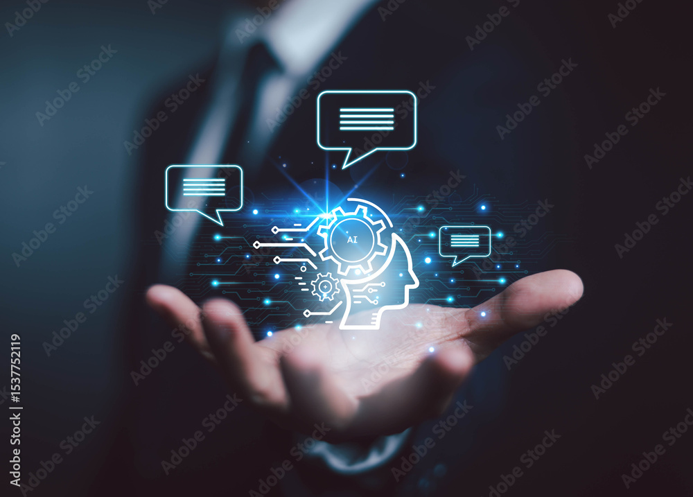 Poster  Using AI chat in search and giving to help in business has technology, to create computer concepts with robots as new digital software	
