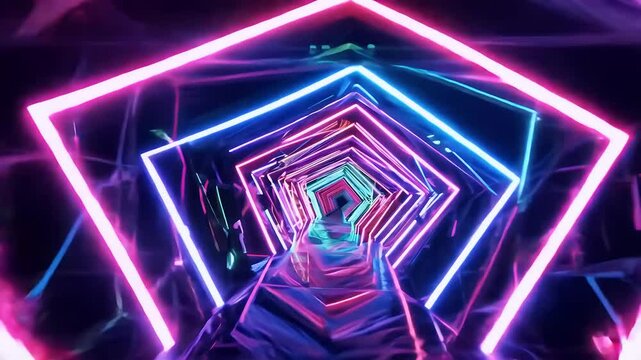 This 4K animation presentsfuturistic neon light tunnel glowing tubes inloopable design perfect VJ concepts music video backgrounds enhance visual nightclubs concerts abstract background bubble