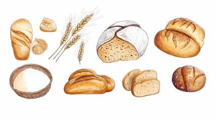 Hand drawn illustration of various types of bread and wheat.