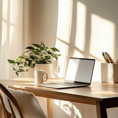 Minimalist Scandinavian home office with laptop on wooden desk, coffee mug, indoor plant, cozy chair and white walls, bathed in soft natural daylight, remote work concept with shallow depth of field