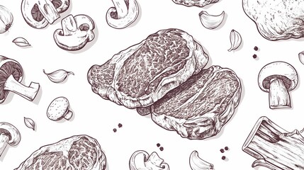 Detailed illustrations of steak, mushrooms, and garlic.