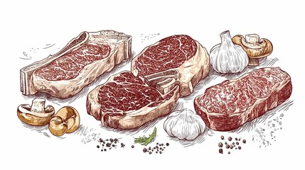 Hand-drawn illustration of various cuts of beefsteak and accompaniments.