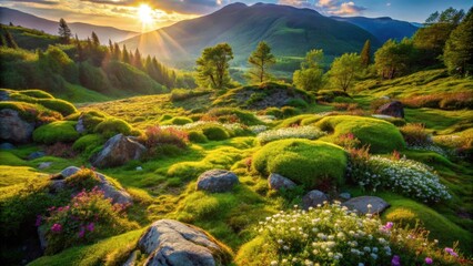 Serene Mountain Meadow Landscape at Sunset with Vibrant Blossoms and Lush Greenery
