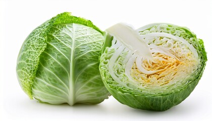 fresh green cabbage with cut in half isolated on white background clipping path
