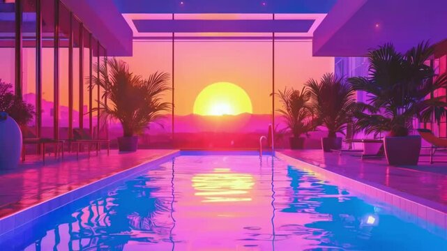 Hotel mit Pool, Hotel mit Swimmingpool, Retro Hotel, Retro Pool, Pool mit Pflanzen, 90s, 80, 80er, 90er, Sonnenuntergang im Hintergrund, Synthwave Vibe, Vaporwave Kunst