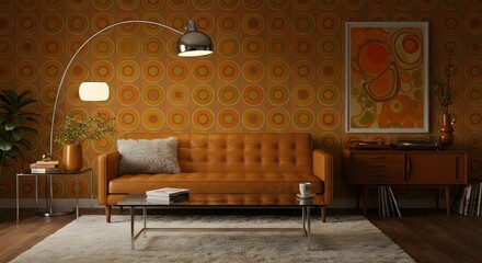 Mid-Century Modern Living Room Interior Design with 70s Retro Wallpaper