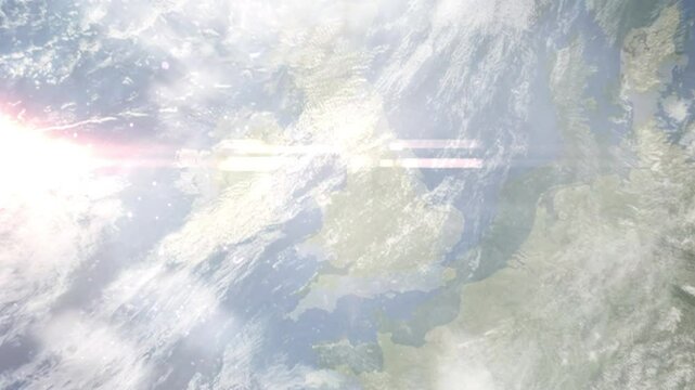Earth zoom in from space and focus on Queensferry, Wales, Great Britain. Background for travel intro or blog. Satellite view. 3D style Animation. Images from NASA.