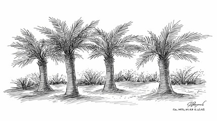 Four palm trees in a desert landscape drawing.