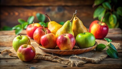 A rustic arrangement of assorted ripe apples and pears on a wooden table