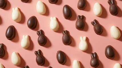 Fototapeta premium Artisanal chocolate easter treats scattered on salmon pink backdrop, geometric pattern layout, milk and white chocolate bunny figures, textured chocolate eggs, studio lighting, high-end confectionery