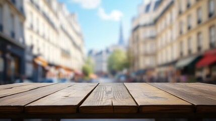 Empty wooden table with blurred Parisian street background.