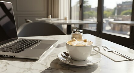 Fototapeta premium Coffee with Laptop on Marble Table in Cafe Setting