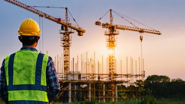 Building a Vision: An engineer observes a construction site with a pair of massive cranes, their silhouettes etched against the backdrop of a vibrant sunset, embodying industry, development.
