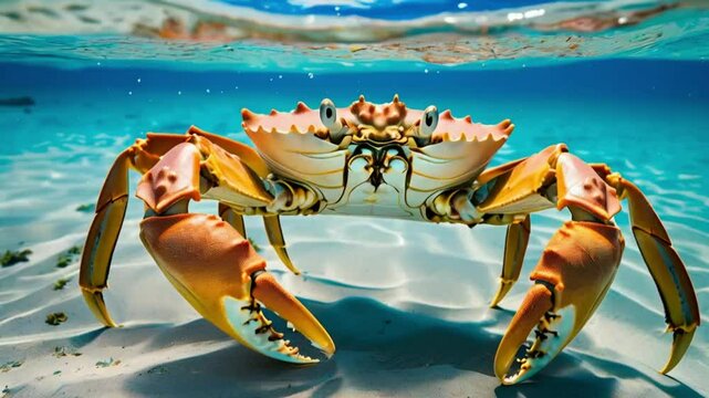 Large crab standing on the seabed in shallow water.