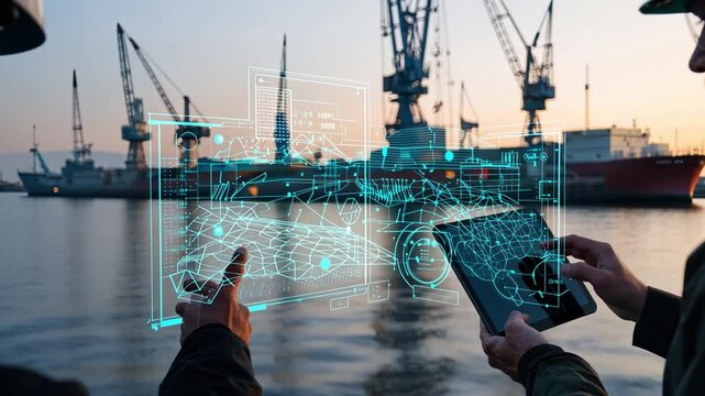 Smart Port Technology: Two workers at a busy port use augmented reality technology on a tablet to monitor and manage shipping containers.