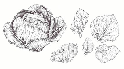 Detailed line art illustration of cabbage leaves and head.