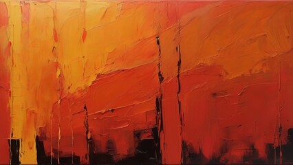Abstract cityscape painting in warm orange and red tones