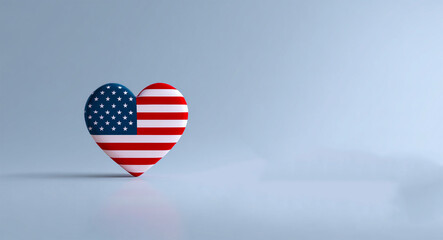 A heart shaped object with the american flag design against a light blue background in studio