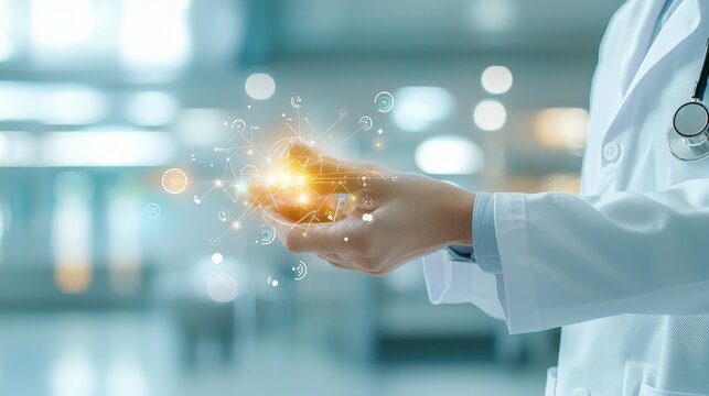 Cutting-edge medical technology demonstration hospital laboratory digital innovation bright environment close-up viewpoint