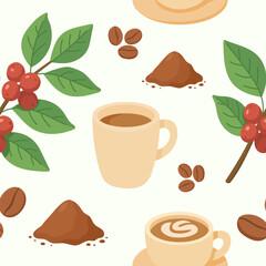 This vibrant design displays cups of coffee, coffee beans, and ground coffee, alongside lush coffee plant leaves and cherries, perfect for any coffee-themed project.