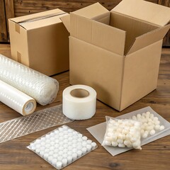 A neatly arranged collection of packaging supplies, including sturdy cardboard boxes, rolls of bubble wrap, stretch film, and foam inserts, ready to ensure secure shipping