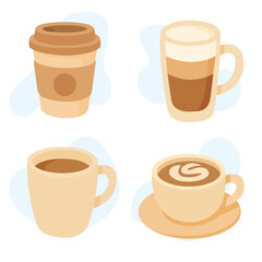 Different coffee cups display a range of popular coffee beverages in a clean design, perfect for coffee lovers and aesthetic enthusiasts alike.