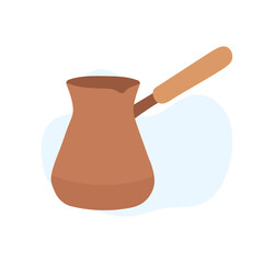 A clay coffee pot with a wooden handle sits against a soft light blue backdrop, showcasing its rustic charm and craftsmanship typical of traditional brewing methods.