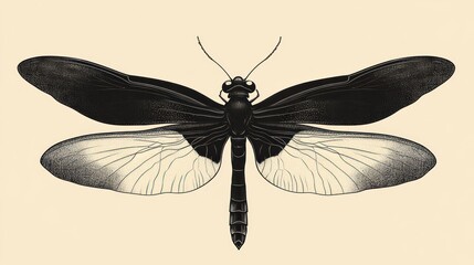 Detailed illustration of a black and white dragonfly, wings spread wide,  with intricate shading and detail.