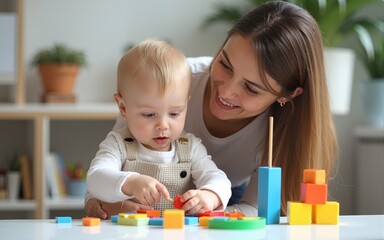 Creative learning game. Playful parent-child interaction. teacher or mother playing with baby with logical toys at home interior. High quality