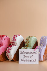 Holiday celebration INTERNATIONAL DAY OF HAPPINESS caption on greeting card Heart shaped different...