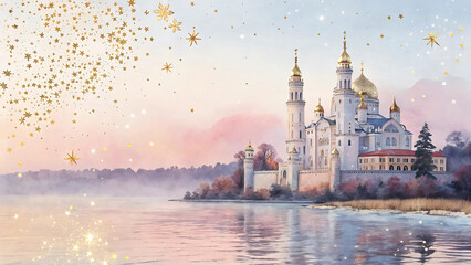 Kremlin on the banks of the Volga river. Watercolor painting