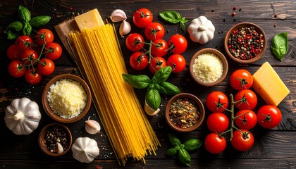 Flat lay of raw ingredients for Italian pasta: tomatoes, garlic, basil, spaghetti, parmesan, and chili flakes, on rustic dark wood table, editorial food photography style