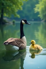Obraz premium Two adult Canada geese with two fluffy goslings in serene lake waters , goslings, idyllic
