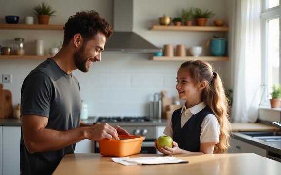 Diverse father packing lunchbox in kitchen while daughter in school uniform watches happily, at home. High quality