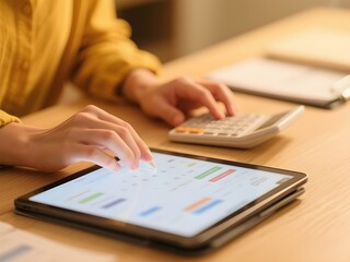 Close up of woman hand using tablet and calculator to calculate home finance, accounting at desk, budget management. Finance, budgeting and tax calculation, monthly expenses