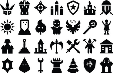 Fantasy adventure silhouette icons set isolated on transparent background