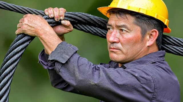 Construction worker: Focused construction worker handling robust steel cable in a dynamic display of industrial work, representing strength and determination