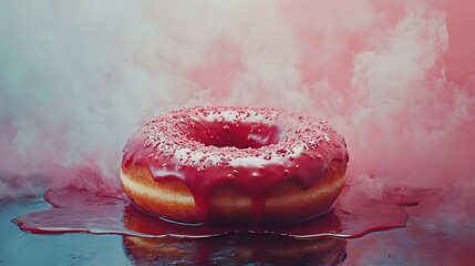Freshly baked pink glazed donut with steam