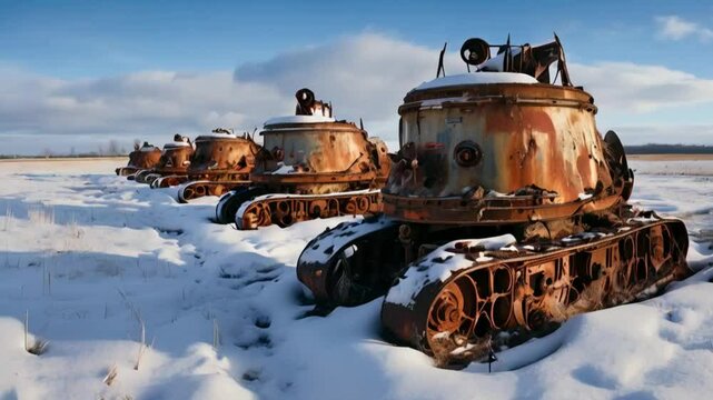 Old and rusty tanks are scattered across a snowy field, creating a striking contrast between the cold winter landscape and the decaying machinery.