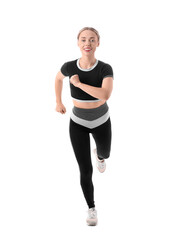 Sporty young woman running marathon on white background