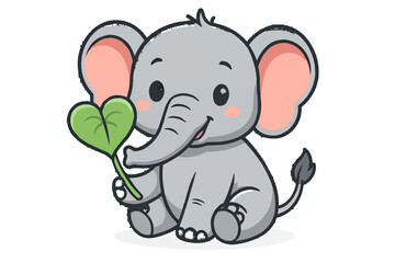 Obraz premium Cartoon elephant sitting holding a heart shaped green leaf with pink cheeks and big gray ears