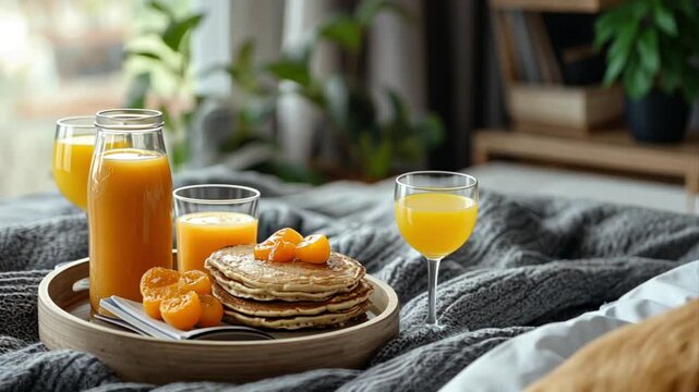 a delightful morning ritual: homemade pancakes with kumquats and fresh orange juice served on a cozy bed, inviting a serene start to the day