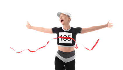 Sporty young woman winning marathon on white background