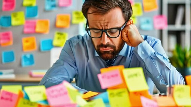 Overworked man office worker covered with post-it notes thoughtfully looking at sticky papers.
